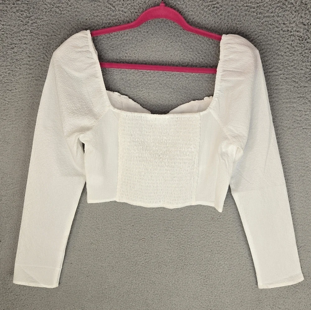 Astr The Label Crop Top White Womens Sz L Ruched Sweetheart Neckline Smock Back